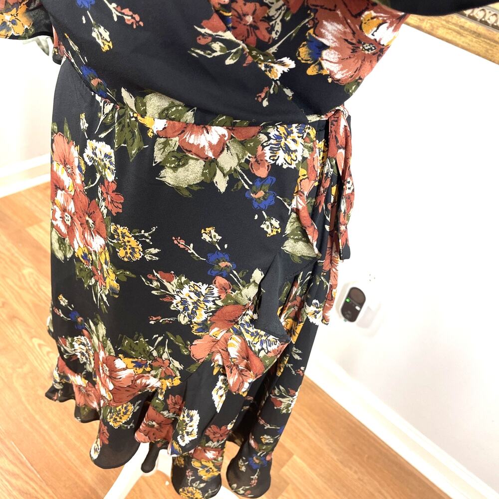 June & Hudson Floral Wrap Dress Women's Size L Black Ruffle Midi Boho V-Neck - Picture 4 of 13